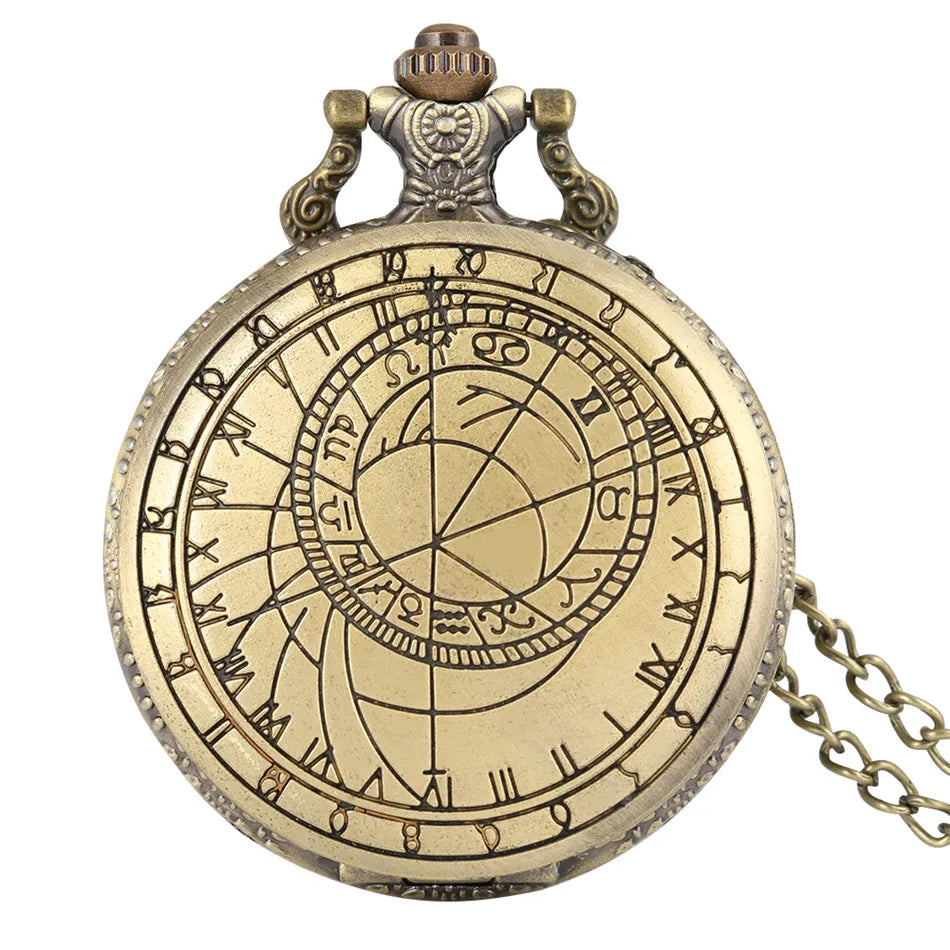 Antique Retro Bronze Compass Prague Astronomical Design Analog Pocket Watch Quartz Necklace Clock Men Women Fob Watches Pendant