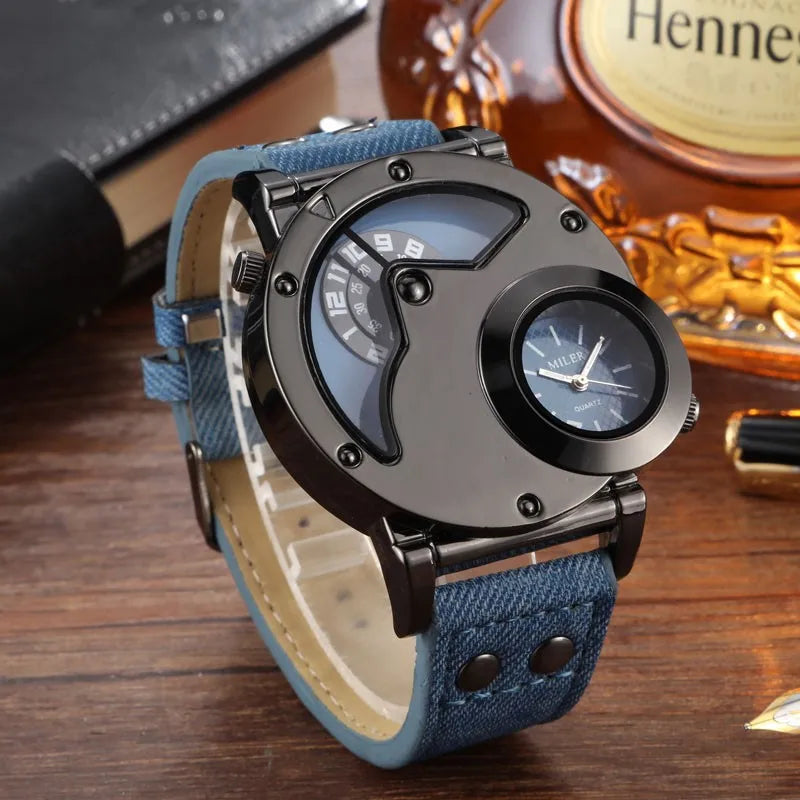 Fashion Cowboy Blue Denim Watches Men Sports Watches 2 Time Zone Leather Strap Quartz Wristwatches Man Watch Relogio Masculino