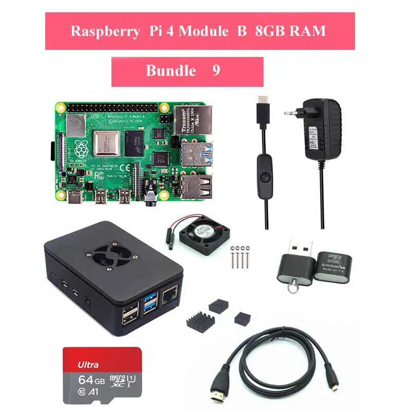 Raspberry Pi 4 Model B 2/4/8GB RAM + Case + Fan + Heat Sink + Power Adapter + 32/64 GB SD Card +HDMI-compatible Cable for RPI 4B