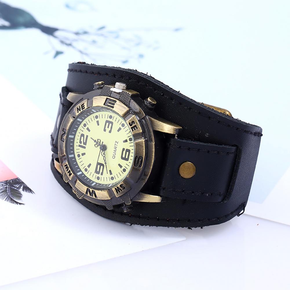 Dropshipping Vintage Women Men Punk Faux Leather Round Dial Quartz Bracelet Wrist Watches