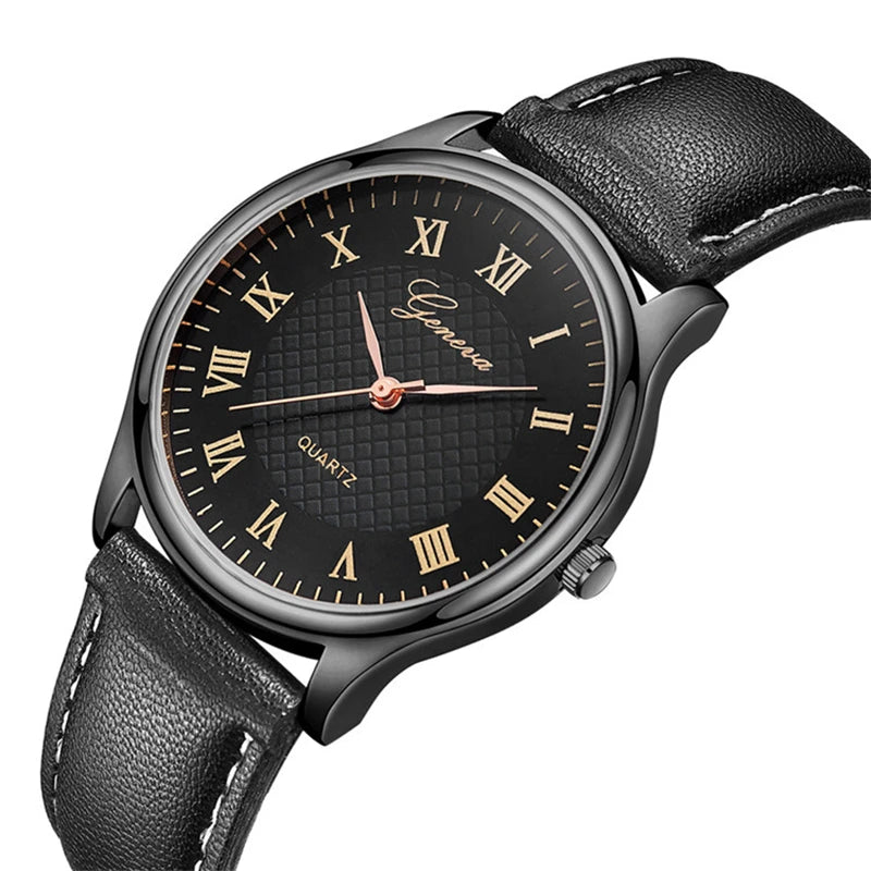 GENEVA Fashion Wristwatch Black Dial Leather Strap Men Waterproof Outdoor Watches Business Quartz Clock Male Relogio Masculino