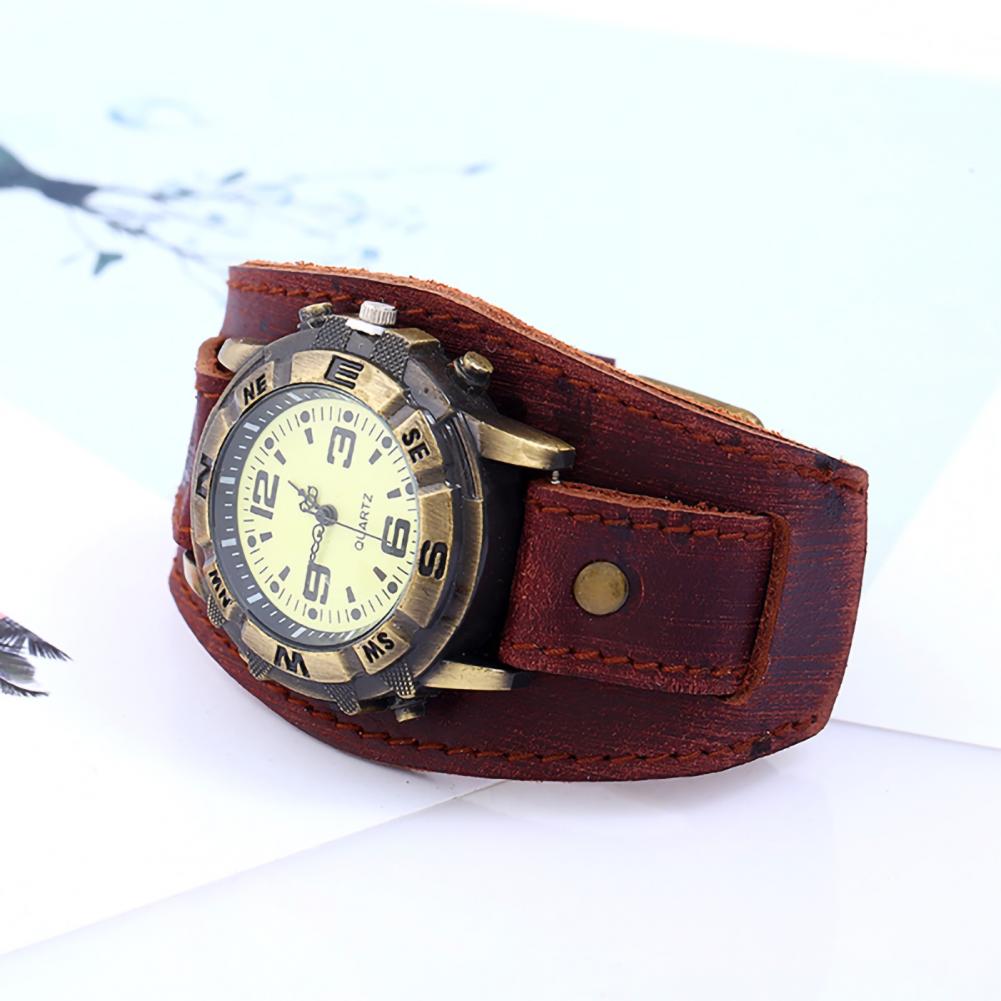 Dropshipping Vintage Women Men Punk Faux Leather Round Dial Quartz Bracelet Wrist Watches