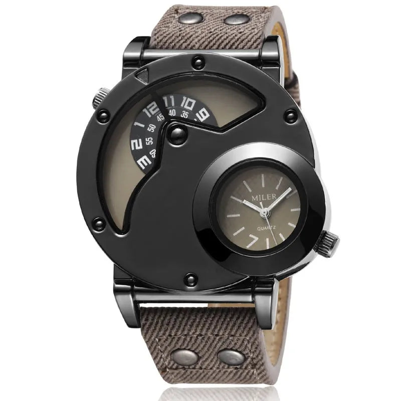 Fashion Cowboy Blue Denim Watches Men Sports Watches 2 Time Zone Leather Strap Quartz Wristwatches Man Watch Relogio Masculino