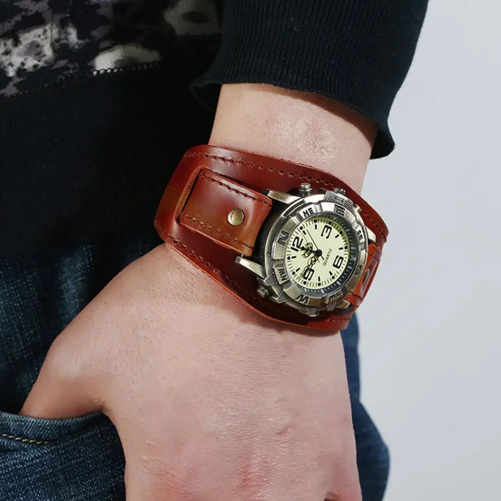 Dropshipping Vintage Women Men Punk Faux Leather Round Dial Quartz Bracelet Wrist Watches