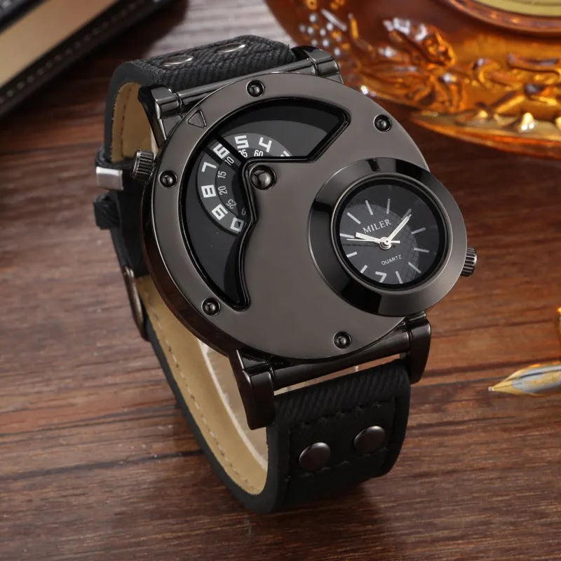 Fashion Cowboy Blue Denim Watches Men Sports Watches 2 Time Zone Leather Strap Quartz Wristwatches Man Watch Relogio Masculino