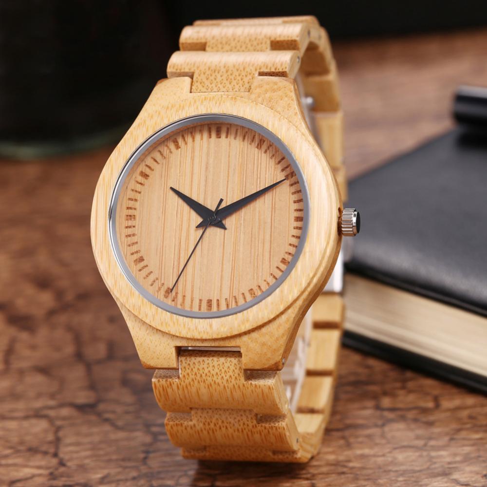 Fashion Men Quartz Wristwatch Wooden No Number Dial Genuine Leather Band Top Handmade Bamboo Male Wood Watch Gift Reloj Hombre