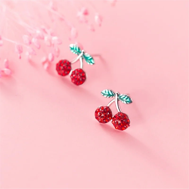 WANTME Fashion Romantic Sweet Red Zircon Cherry Fruit Studs Earrings Genuine 100% 925 Sterling Silver Girls Accessory Jewelry