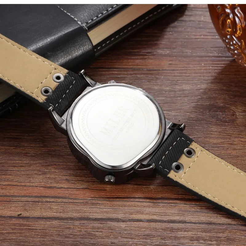 Fashion Cowboy Blue Denim Watches Men Sports Watches 2 Time Zone Leather Strap Quartz Wristwatches Man Watch Relogio Masculino