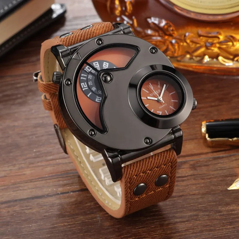 Fashion Cowboy Blue Denim Watches Men Sports Watches 2 Time Zone Leather Strap Quartz Wristwatches Man Watch Relogio Masculino