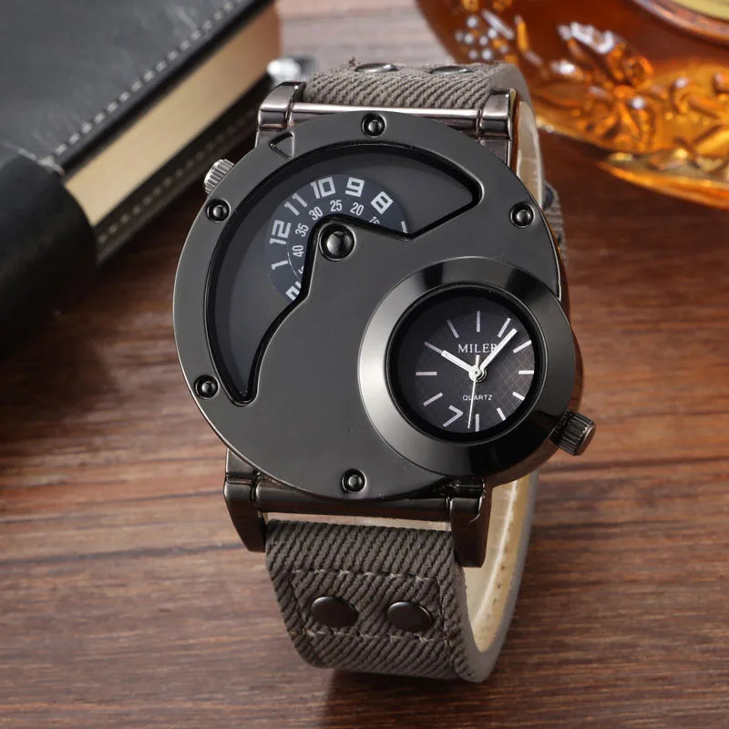Fashion Cowboy Blue Denim Watches Men Sports Watches 2 Time Zone Leather Strap Quartz Wristwatches Man Watch Relogio Masculino