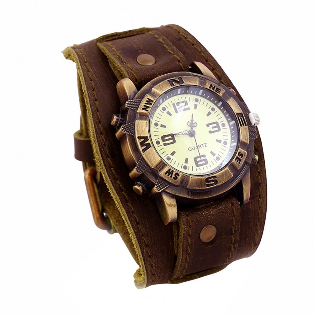 Dropshipping Vintage Women Men Punk Faux Leather Round Dial Quartz Bracelet Wrist Watches