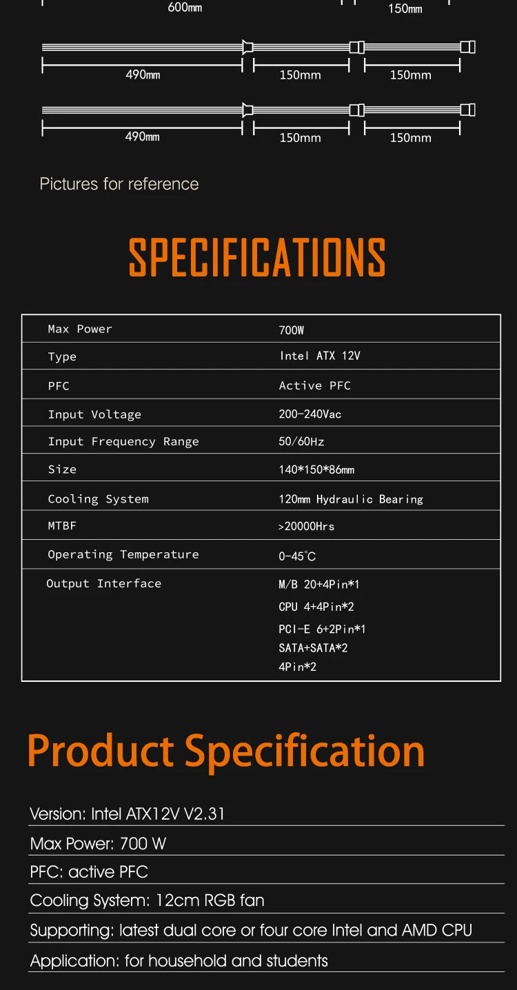 Aigo AK 500W 600W 700W PC PSU Power Supply Unit Gaming Quiet 120mm RGB Fan 220V ATX Desktop computer Power Supply for 7800x3d