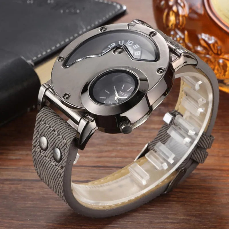 Fashion Cowboy Blue Denim Watches Men Sports Watches 2 Time Zone Leather Strap Quartz Wristwatches Man Watch Relogio Masculino