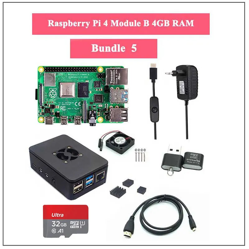 Raspberry Pi 4 Model B 2/4/8GB RAM + Case + Fan + Heat Sink + Power Adapter + 32/64 GB SD Card +HDMI-compatible Cable for RPI 4B