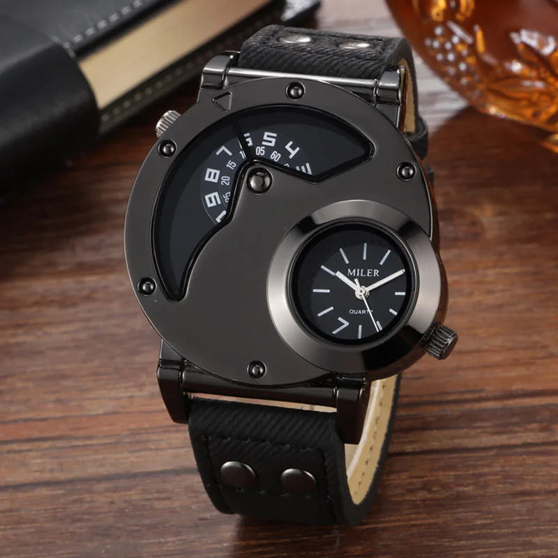 Fashion Cowboy Blue Denim Watches Men Sports Watches 2 Time Zone Leather Strap Quartz Wristwatches Man Watch Relogio Masculino