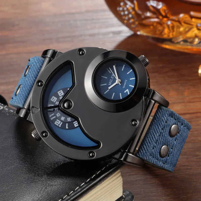 Fashion Cowboy Blue Denim Watches Men Sports Watches 2 Time Zone Leather Strap Quartz Wristwatches Man Watch Relogio Masculino