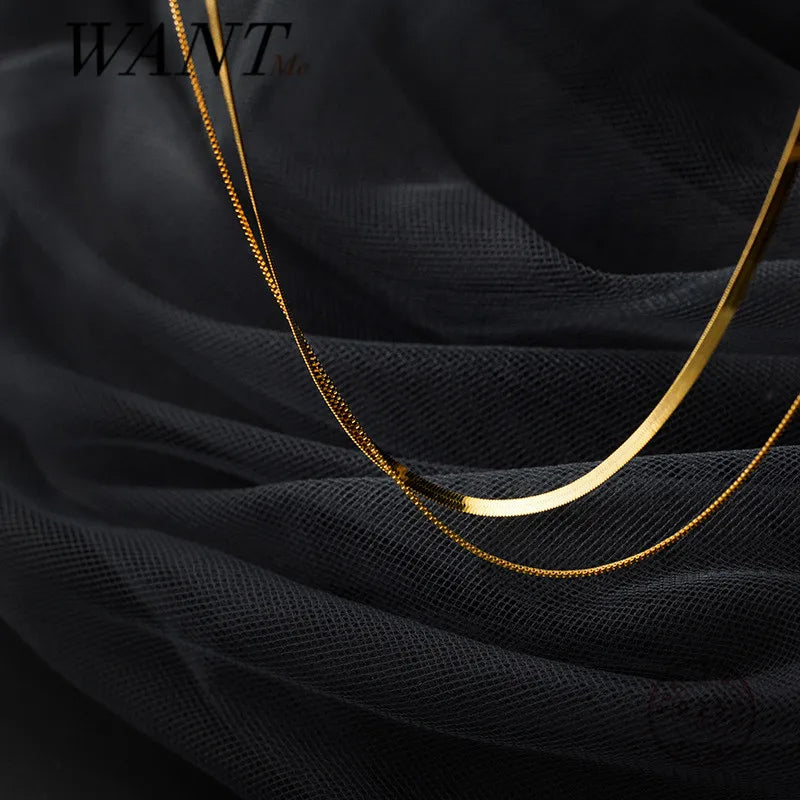 WANTME 925 Sterling Silver Plated 18k Gold Double Snake Bone Cuban Link Chain Clavicle Necklace for Women Chic Korean Jewelry