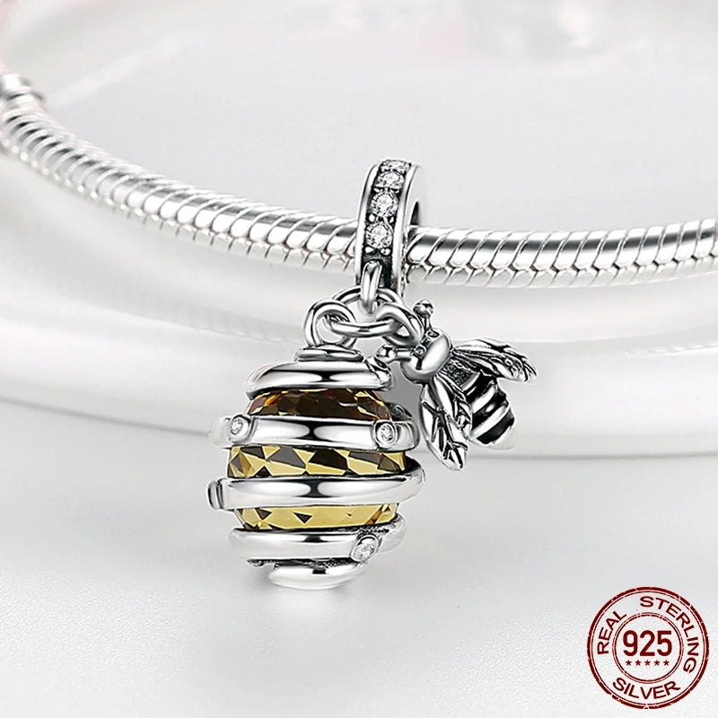 Bee Pendant 925 Sliver Honeycomb Bee Dangle Charm Pendant fit Original Brand Beads Bracelet DIY Silver Jewelry Making
