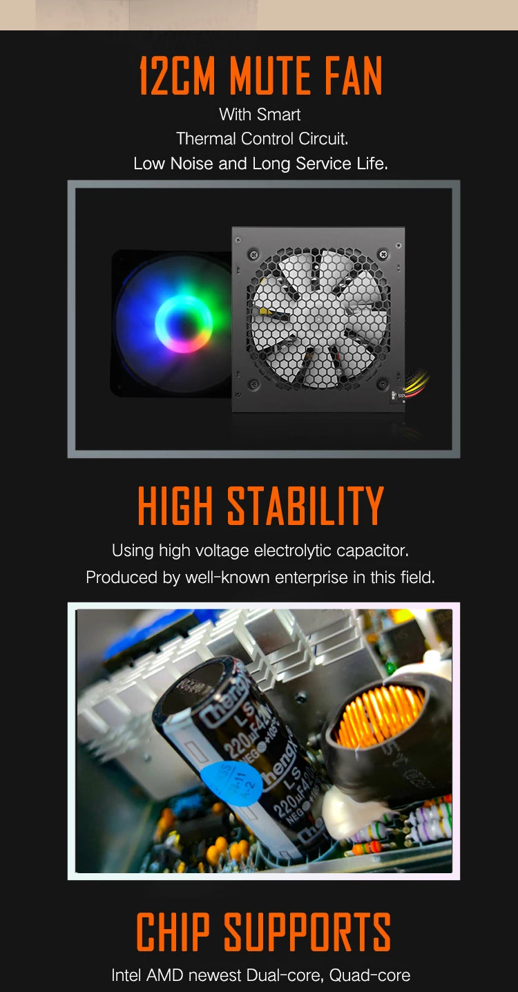 Aigo AK 500W 600W 700W PC PSU Power Supply Unit Gaming Quiet 120mm RGB Fan 220V ATX Desktop computer Power Supply for 7800x3d