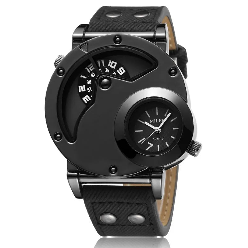 Fashion Cowboy Blue Denim Watches Men Sports Watches 2 Time Zone Leather Strap Quartz Wristwatches Man Watch Relogio Masculino