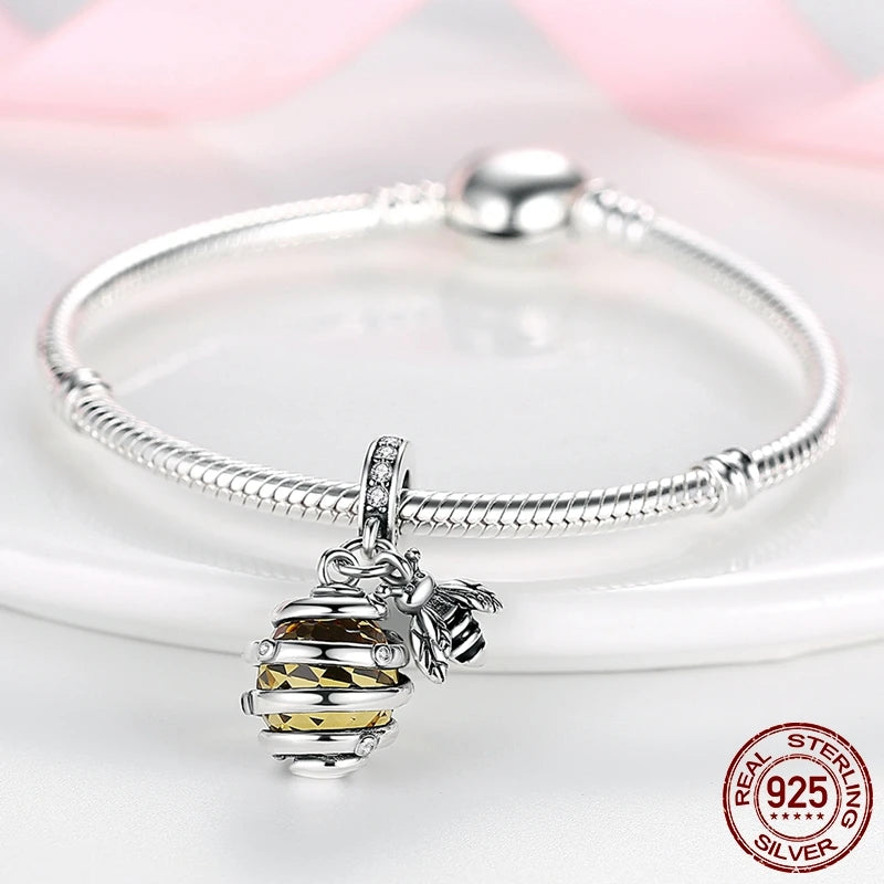 Bee Pendant 925 Sliver Honeycomb Bee Dangle Charm Pendant fit Original Brand Beads Bracelet DIY Silver Jewelry Making
