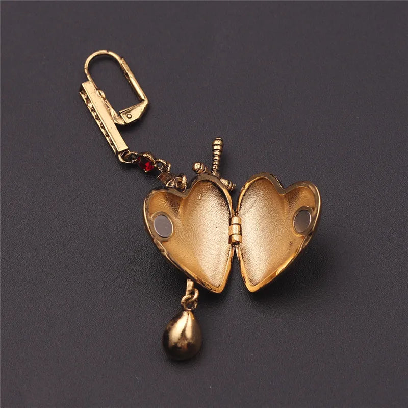 1 Pc Fashion Vintage Sword Heart Water Droplets Earrings Red Crystal Earrings for Women Earring can Open