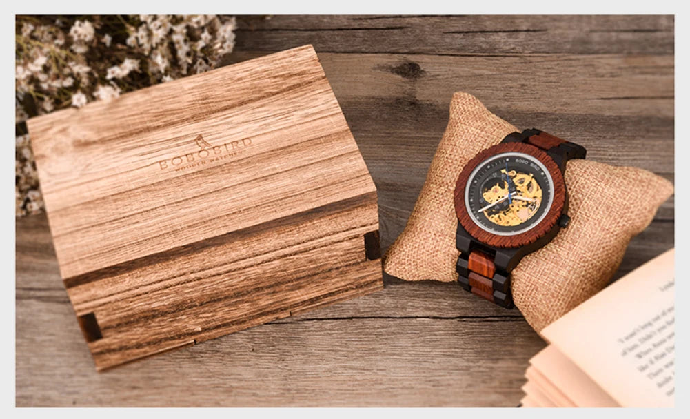 BOBO BIRD Hollow Sandalwood Men's Automatic Mechanical Watch Self-wind Wristwatch With Wood Box Dropshipping Personalized