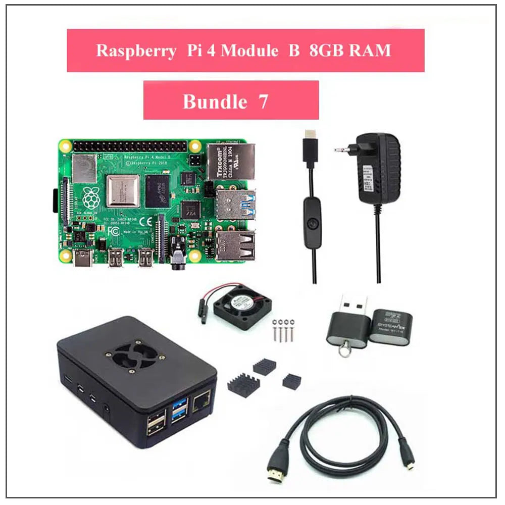 Raspberry Pi 4 Model B 2/4/8GB RAM + Case + Fan + Heat Sink + Power Adapter + 32/64 GB SD Card +HDMI-compatible Cable for RPI 4B