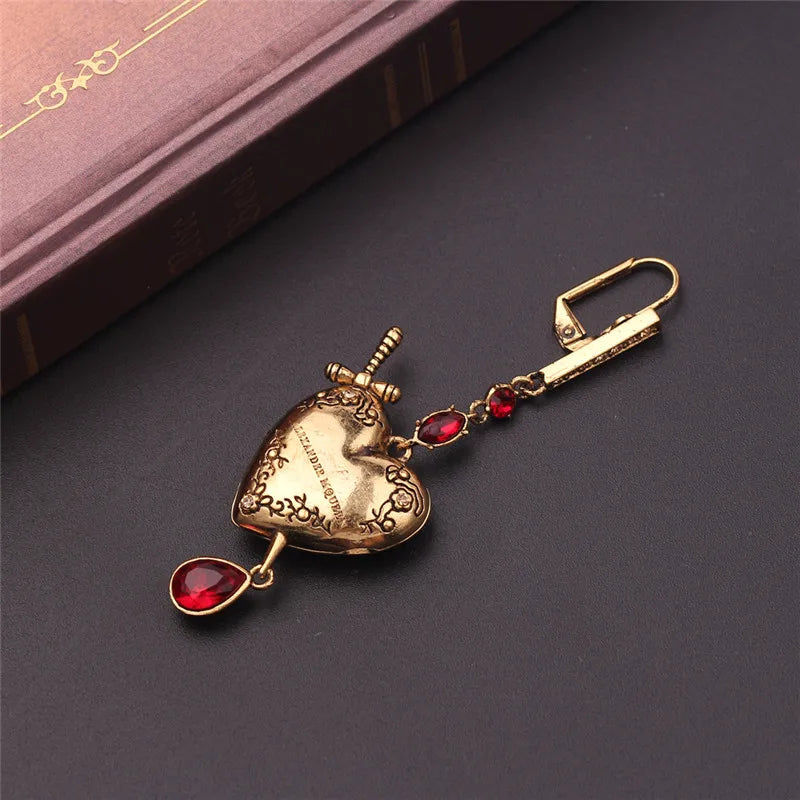 1 Pc Fashion Vintage Sword Heart Water Droplets Earrings Red Crystal Earrings for Women Earring can Open