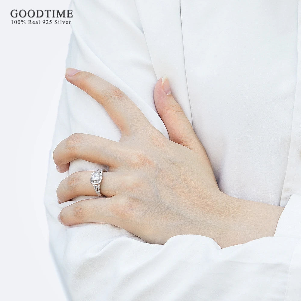 Luxury Women Ring Pure 925 Sterling Silver Ring Square Zircon Rhinestone Bride Wedding Jewelry Gift Accessories For Party