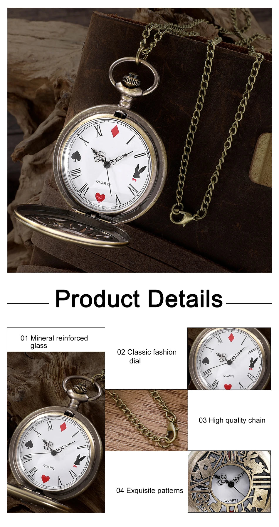 New Bronze Quartz Pocket Watch Retro Alice Theme Pocket Fob Watch Pendant Necklace Pocket Watch Men Womens Gift