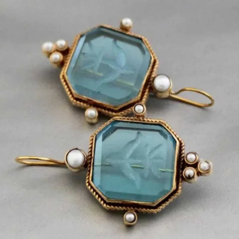 Retro Fashion Gold Color Metal Carving Flower Inlaid with Baby Blue Stones Imitation Pearl Dangle Earrings for Women Jewelry