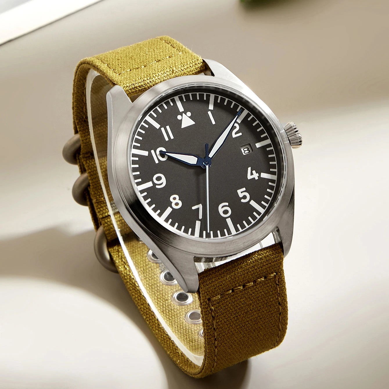 Mechanical Watches Canvas Flieger Aviator Pilot Wristwatch Olive Green Arrow WWII German WW2 Automatic Movement  Japan Sapphire