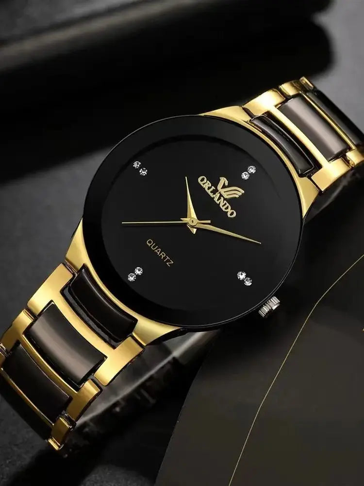 2PCS Couple's Watches Fashion Stainless Steel Band Men Women Analog Quartz Watches Set