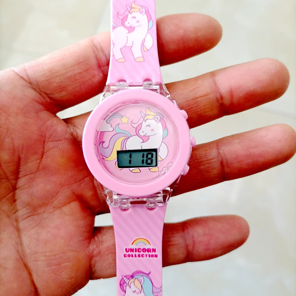 Cartoon Unicorn Collection Rainbow Printed Rubber Girls Kids Children Students Digital Flash Light Glow Up Party Gifts Watches