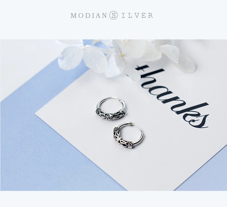 Modian Vintage Pattern Silver Hoop Earrings for Women Trendy Authentic 925 Sterling Silver Hoops Female Mode Bijoux Brincos
