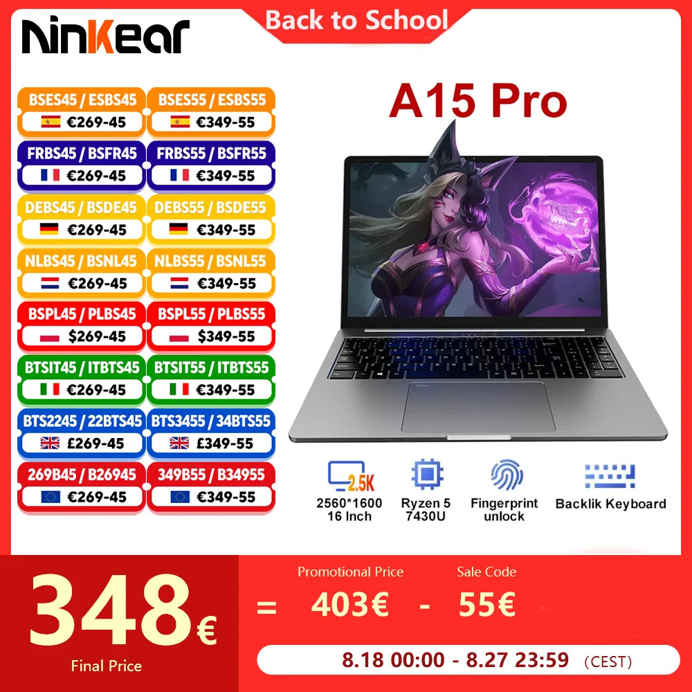 Ninkear A15 Pro Laptop AMD Ryzen 5 7430U 16GB RAM 1TB SSD Fingerprint Unlock 16 inch 120Hz 2560*1600 Screen Notebook Computer