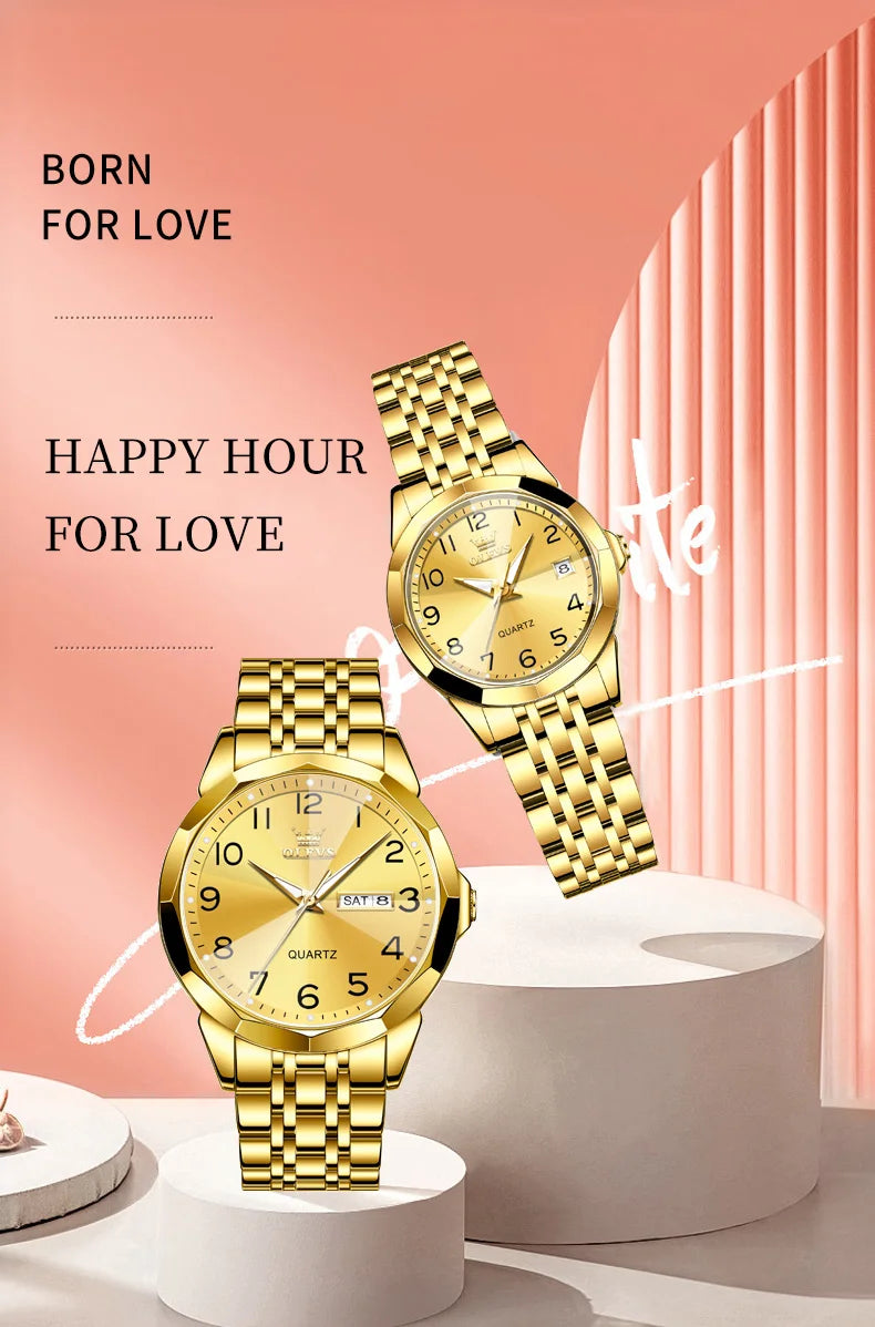 OLEVS 9970 Couple Watch Classic Digital Dial Stainless Steel Rhombus Mirror Luxury Top Quartz Watches for Men Women Lover's Gift