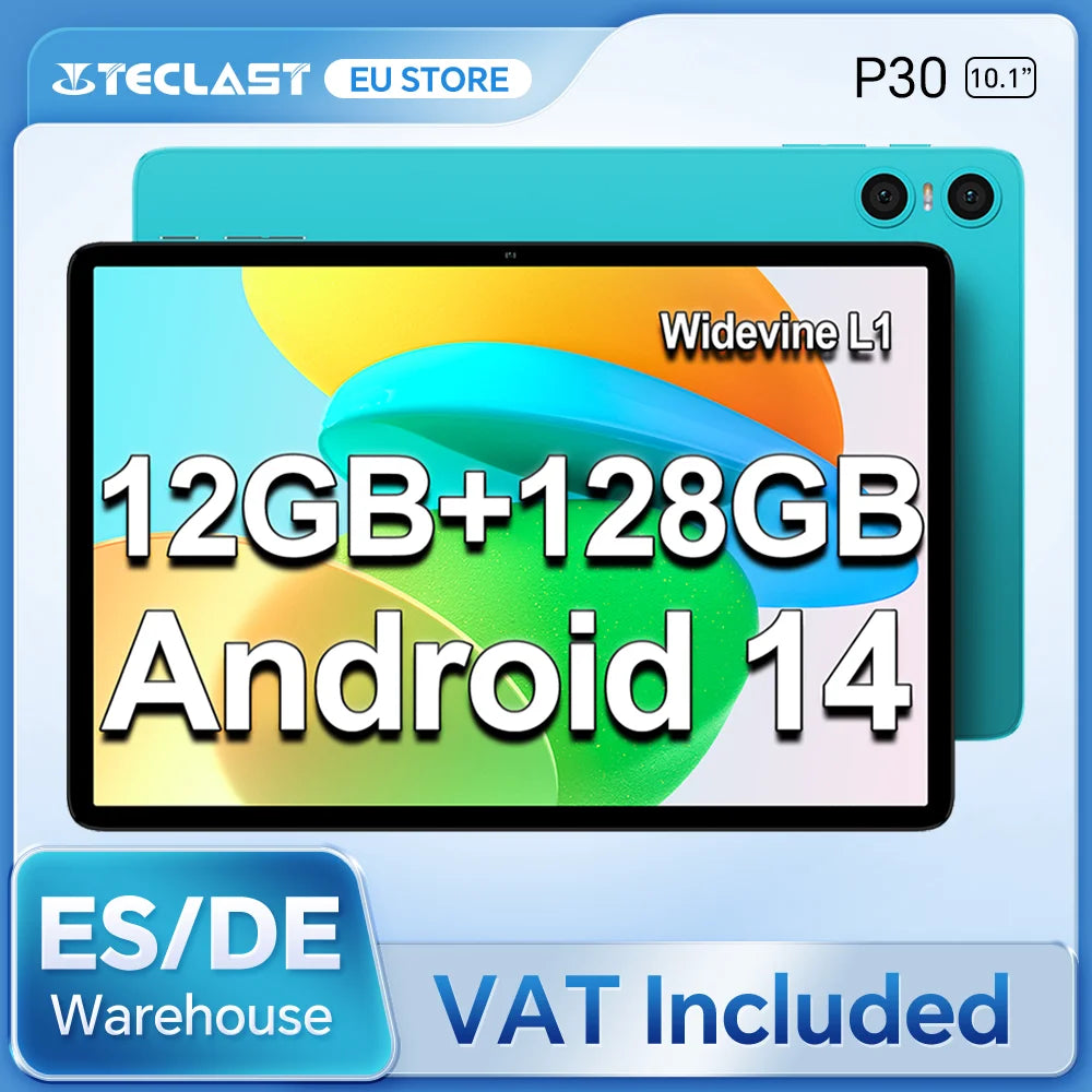 Teclast P30 Android 14 Tablet 10.1" IPS, Max 12GB RAM (4GB+8GB Expansion), 128GB ROM, UNISOC T606, Dual Cameras, Face Unlock