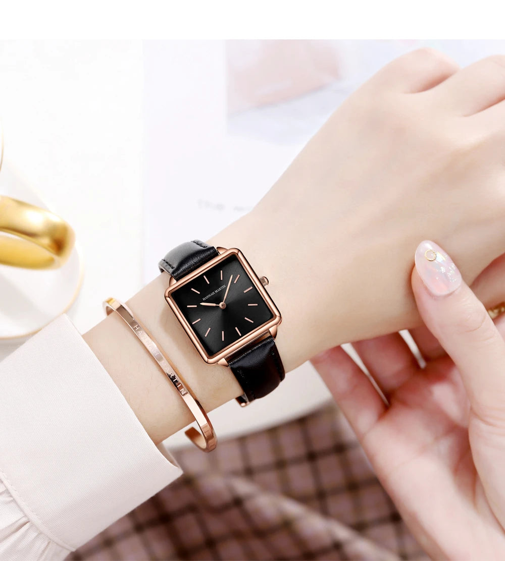 HANNAH MARTIN Brand Women Watch Original Japanese Movement Top Clock Fashion Square Simple Leather Waterproof Quartz Women Watch