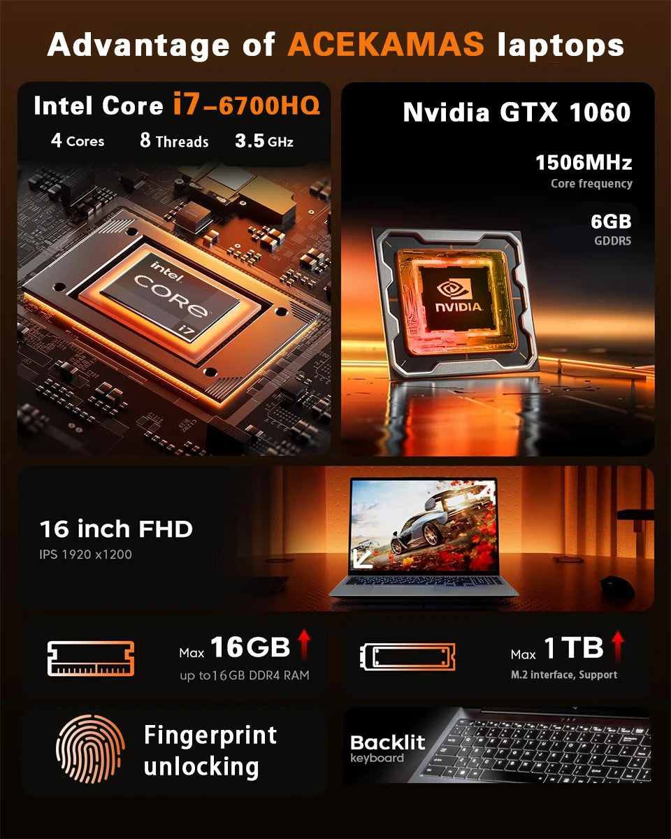 ACEKAMAS 2025 16" Gaming Laptop Intel Core i7 6700HQ GTX 1060 IPS 1920*1200 Windows 11 Pro Gamer PC DDR4 16GB SSD 1TB Laptops PC