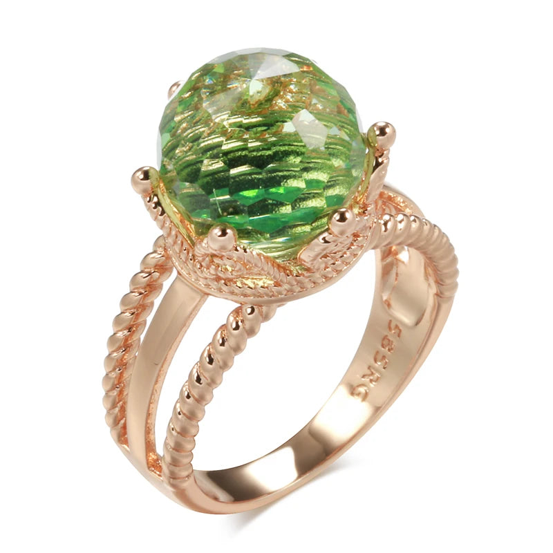 New Unusual 585 Rose Gold Crown Ring for Women Cut Emeral Ball Natural Zircon Ring Elegant Party Wedding Fine Jewelry