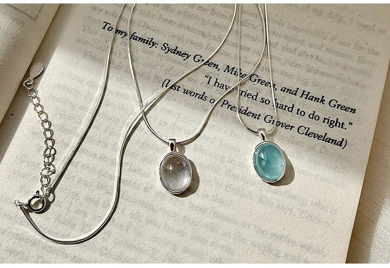CHOZON S925 Sterling Silver Natural Moonstone Aquamarine Necklace New Product Unique Design Oval Natural Stone Snake Bone Chain