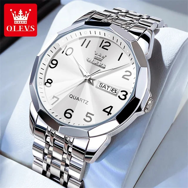 OLEVS 9970 Luxury Couple Watch Men Women Stainless Steel Waterproof Calendar Wristwatch Digital Dial Rhombus Mirror Lovers Watch