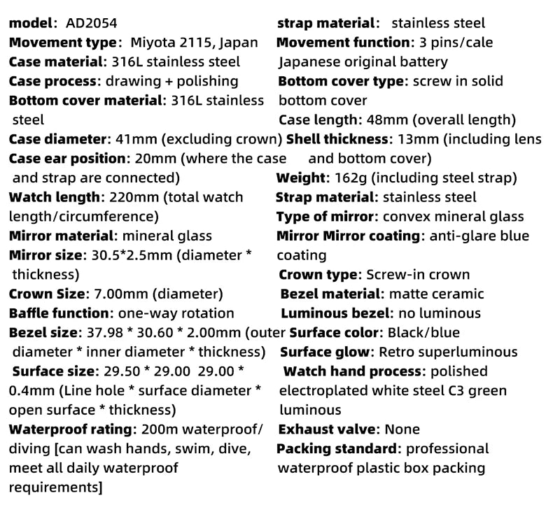 ADDIESDIVE AD2054 Stainless Steel Quartz Watch 200M Dive Watches Green Luminous Men's WristWatches Waterproof Relojes Masculino