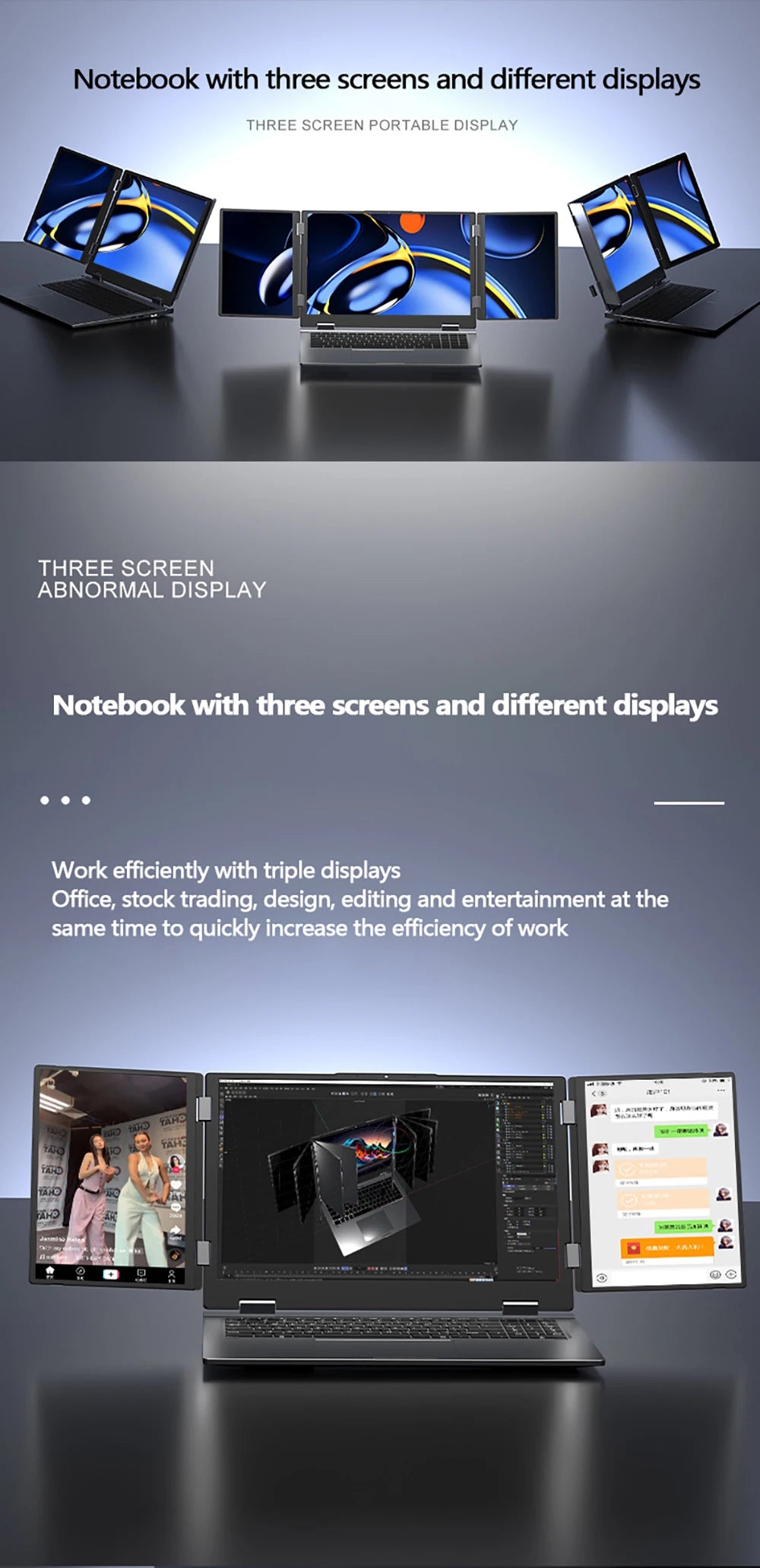 16+10.5+10.5inch Triple Screen Laptop I7-1260P 64GB 4TB DDR4 Win11 Face Recognition Fingerprint Unlock WIFI6 HDMI Computer