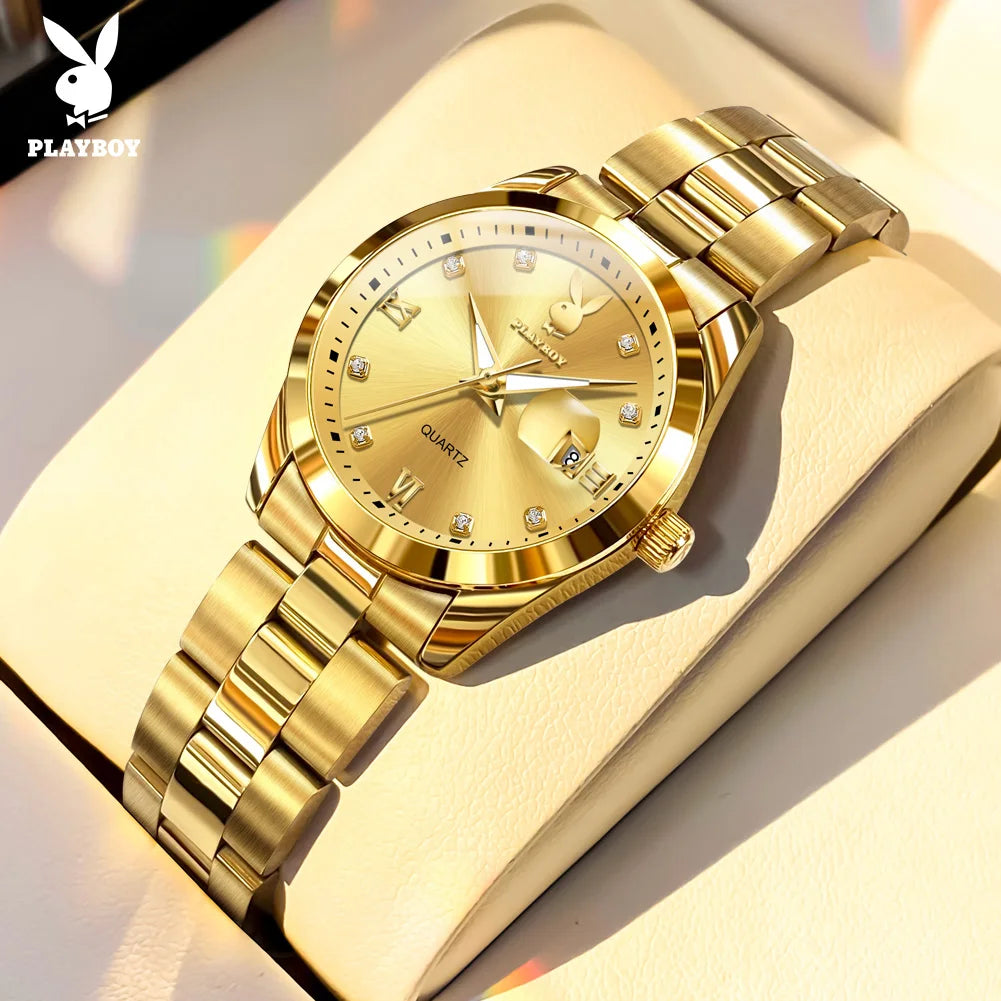 PLAYBOY New Original Luxury Women Watch Waterproof Calendar Luminous Stainless Steel Elegant Fashion Quartz Women's Wristwatch