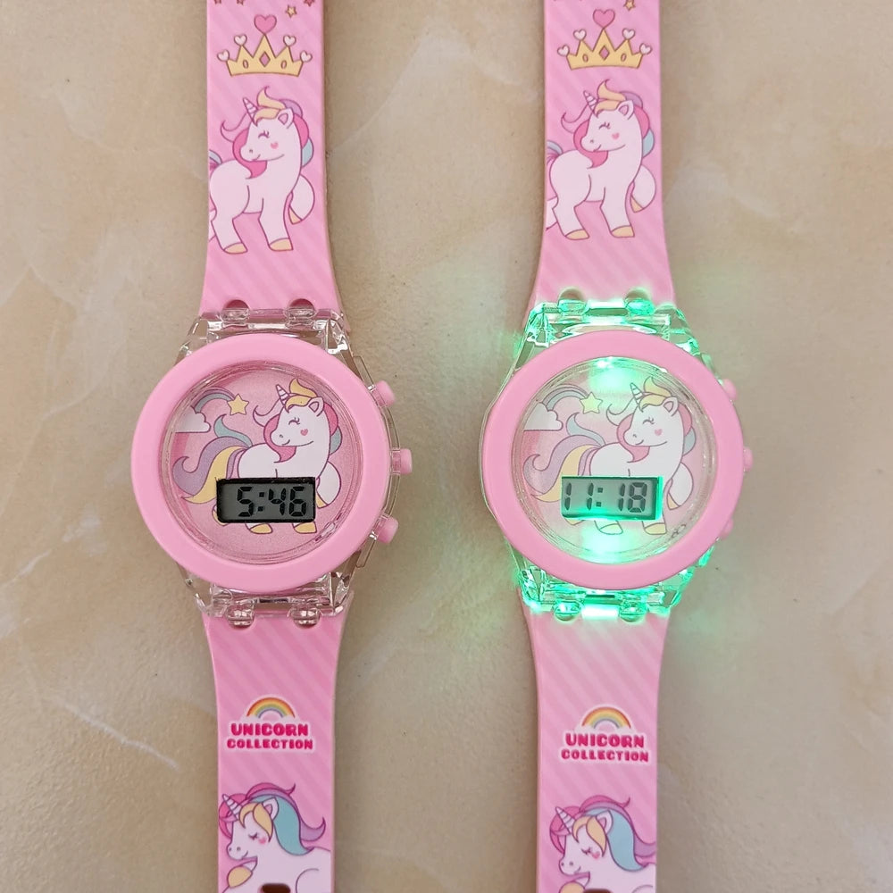 Cartoon Unicorn Collection Rainbow Printed Rubber Girls Kids Children Students Digital Flash Light Glow Up Party Gifts Watches
