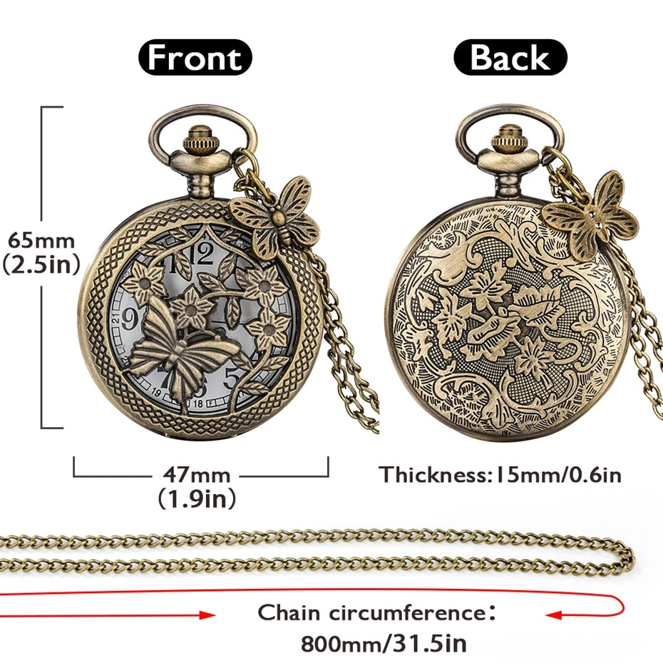 Bronze Butterfly and Flower Retro Style Necklace Pocket Watch Chain Steampunk Pendant Quartz Fob Watch Clock with Accessory 2020