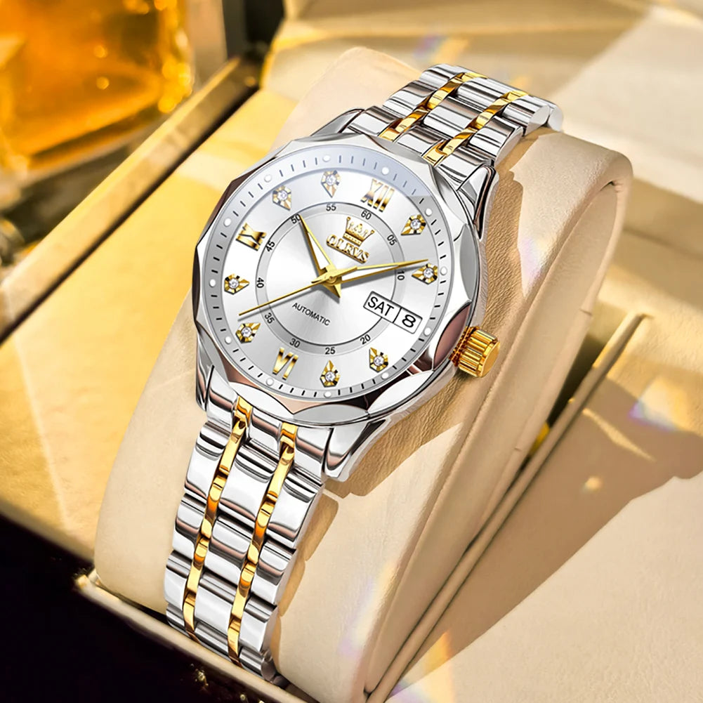 OLEVS 6727 Women's Watches Elegant Fashion Original Automatic Mechanical Watch for Lady Grey Double Scale Dial Waterproof Date